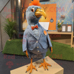 Orange Guinea Fowl mascot costume character dressed with a Chambray Shirt and Lapel pins