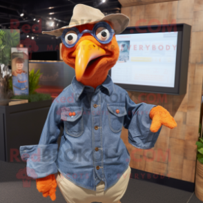 Orange Guinea Fowl mascot costume character dressed with a Chambray Shirt and Lapel pins