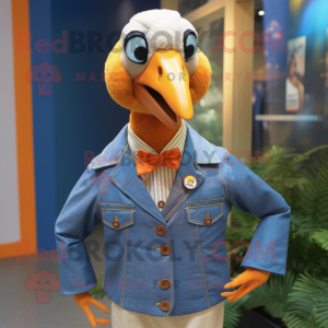 Orange Guinea Fowl mascot costume character dressed with a Chambray Shirt and Lapel pins