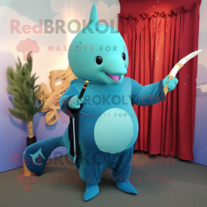 Turquoise Narwhal mascot costume character dressed with a Long Sleeve Tee and Cufflinks
