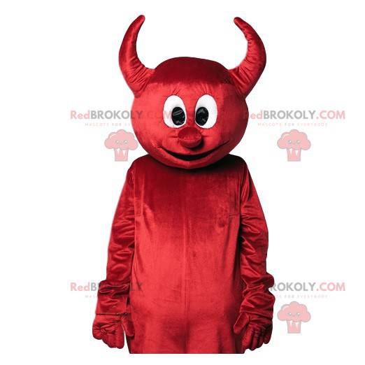 Mascotte de diablotin rouge rigolo avec son trident jaune -