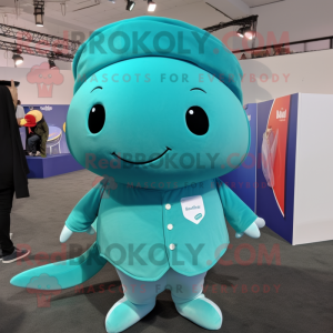 Turquoise Narwhal mascot costume character dressed with a Long Sleeve Tee and Cufflinks