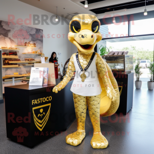 Gold Python mascot costume character dressed with a V-Neck Tee and Tote bags