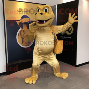 Gold Python mascot costume character dressed with a V-Neck Tee and Tote bags
