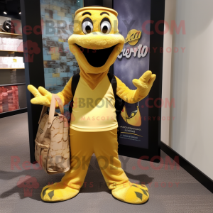 Gold Python mascot costume character dressed with a V-Neck Tee and Tote bags