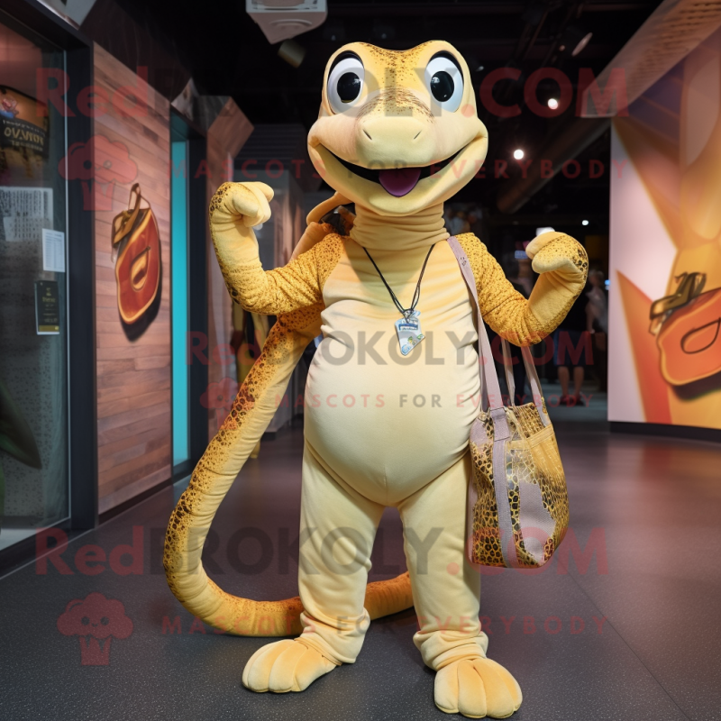 Gold Python mascot costume character dressed with a V-Neck Tee and Tote bags Gold Python mascot costume character dressed with a V-Neck Tee and Tote bags