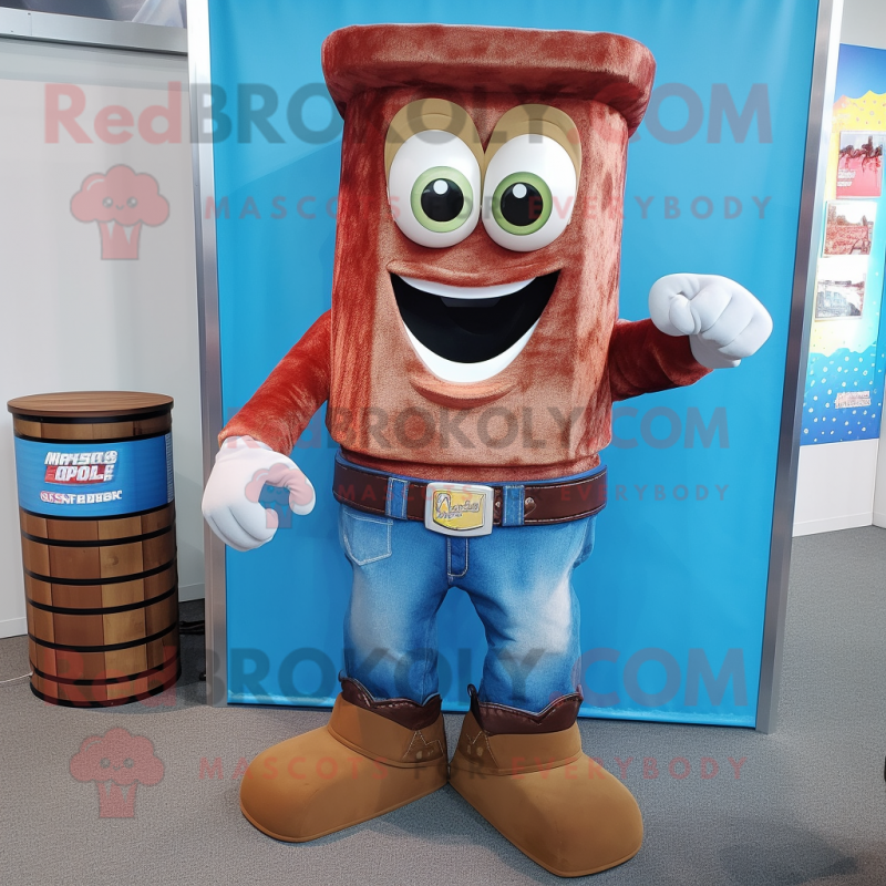 Rust Candy Box mascot costume character dressed with a Boyfriend Jeans and Belts Rust Candy Box mascot costume character dressed with a Boyfriend Jeans and Belts