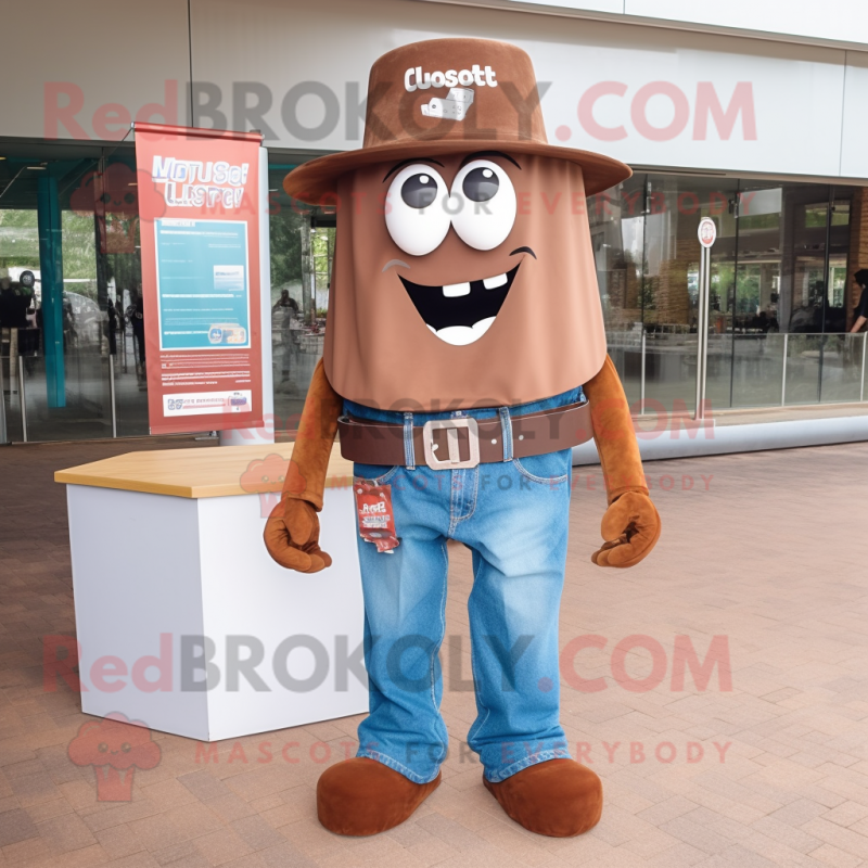 Rust Candy Box mascot costume character dressed with a Boyfriend Jeans and Belts Rust Candy Box mascot costume character dressed with a Boyfriend Jeans and Belts