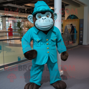 Turquoise Chimpanzee mascot costume character dressed with a Dress Pants and Berets