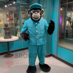 Turquoise Chimpanzee mascot costume character dressed with a Dress Pants and Berets