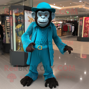 Turquoise Chimpanzee mascot costume character dressed with a Dress Pants and Berets