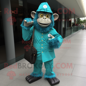 Turquoise Chimpanzee mascot costume character dressed with a Dress Pants and Berets