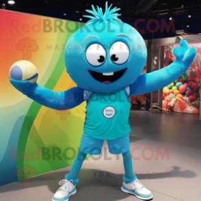 Turquoise Handball Ball mascot costume character dressed with a Tank Top and Belts