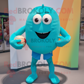 Turquoise Handball Ball mascot costume character dressed with a Tank Top and Belts