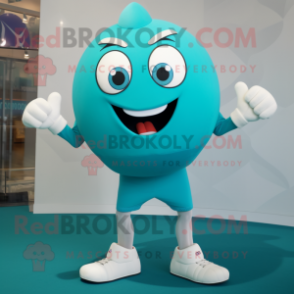 Turquoise Handball Ball mascot costume character dressed with a Tank Top and Belts