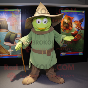 Olive Wizard mascot costume character dressed with a Bermuda Shorts and Cummerbunds