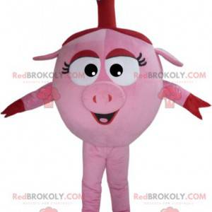 Cute pink sow mascot with her little blue flower -