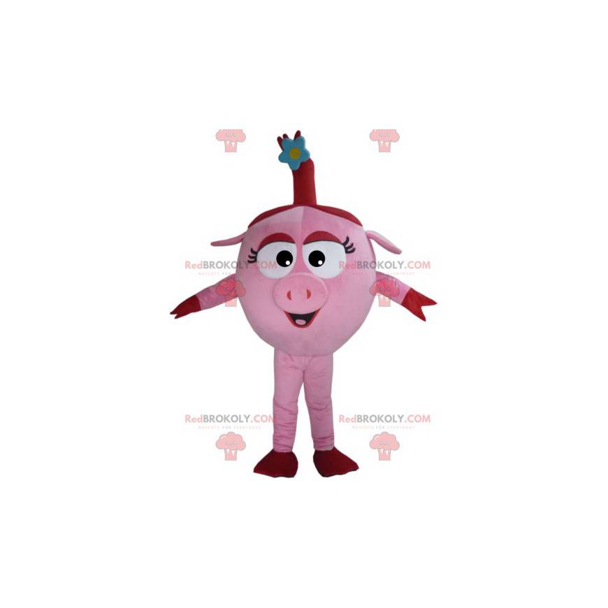 Mascote porca rosa fofa com sua florzinha azul - Redbrokoly.com