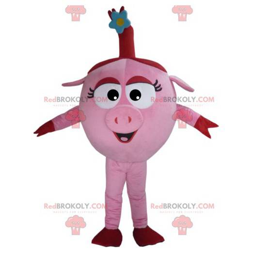 Mascote porca rosa fofa com sua florzinha azul - Redbrokoly.com