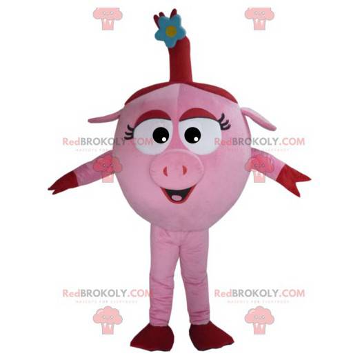 Simpatica mascotte rosa scrofa con il suo fiorellino blu -