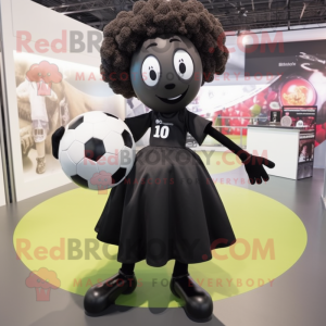 Black Soccer Ball mascot costume character dressed with a Wrap Skirt and Foot pads