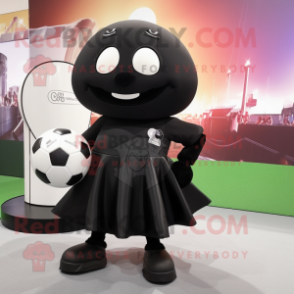 Black Soccer Ball mascot costume character dressed with a Wrap Skirt and Foot pads