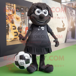 Black Soccer Ball mascot costume character dressed with a Wrap Skirt and Foot pads