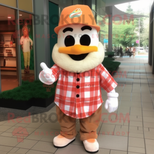 Peach Pop Corn mascot costume character dressed with a Flannel Shirt and Bracelet watches