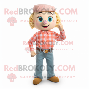Peach Pop Corn mascot costume character dressed with a Flannel Shirt and Bracelet watches