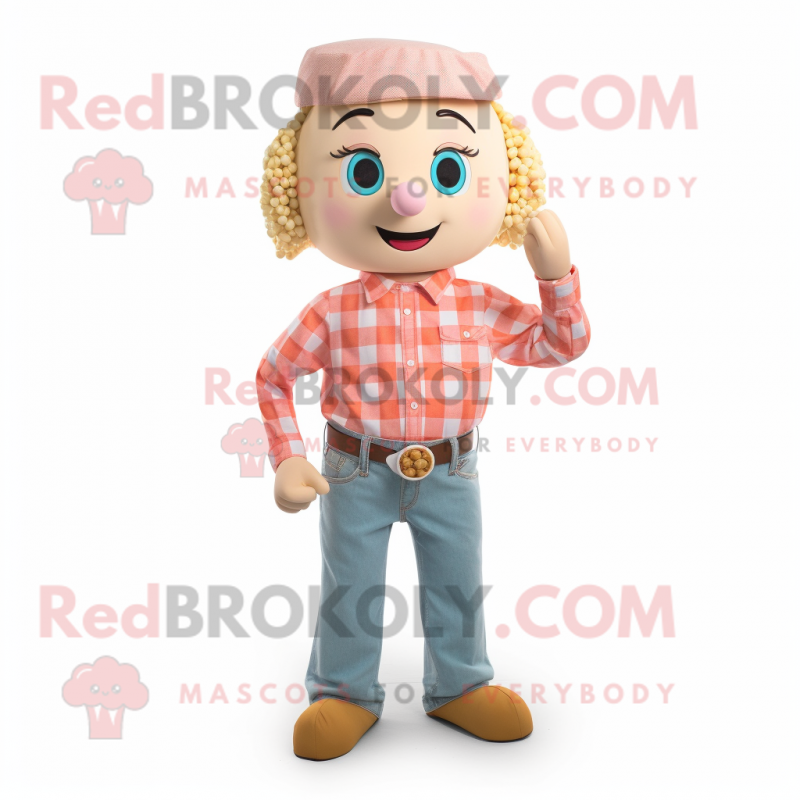 Peach Pop Corn mascot costume character dressed with a Flannel Shirt and Bracelet watches