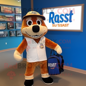 Rust Seal mascot costume character dressed with a Baseball Tee and Messenger bags