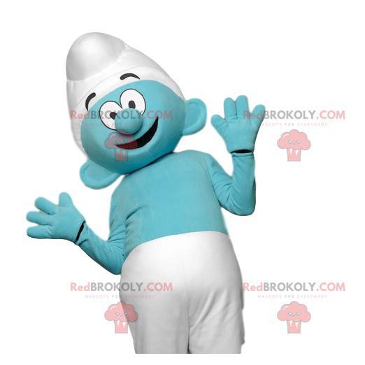 Blå smurfmaskot med sin vita keps - Redbrokoly.com