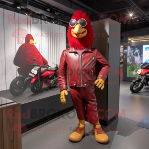 Red Chicken mascot costume character dressed with a Leather Jacket and Foot pads