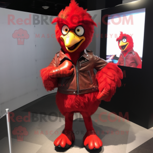Red Chicken mascot costume character dressed with a Leather Jacket and Foot pads