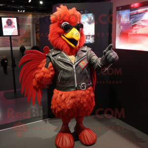 Red Chicken mascot costume character dressed with a Leather Jacket and Foot pads