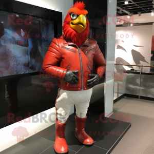 Red Chicken mascot costume character dressed with a Leather Jacket and Foot pads