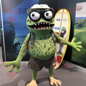 Olive Piranha mascot costume character dressed with a Board Shorts and Eyeglasses