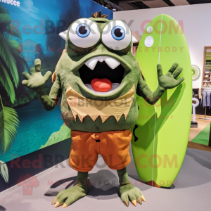 Olive Piranha mascot costume character dressed with a Board Shorts and Eyeglasses