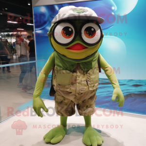 Olive Piranha mascot costume character dressed with a Board Shorts and Eyeglasses