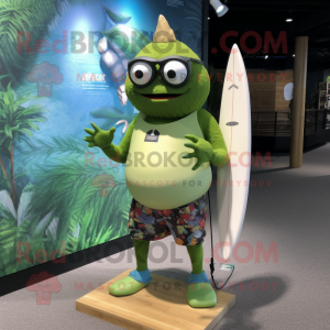 Olive Piranha mascot costume character dressed with a Board Shorts and Eyeglasses