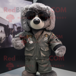 Gray Special Air Service mascot costume character dressed with a Bomber Jacket and Sunglasses