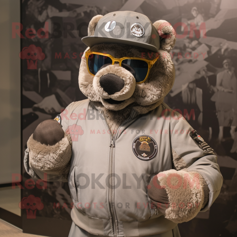 Gray Special Air Service mascot costume character dressed with a Bomber Jacket and Sunglasses