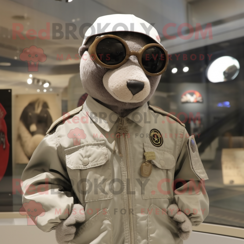 Gray Special Air Service mascot costume character dressed with a Bomber Jacket and Sunglasses