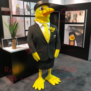 Lemon Yellow Blackbird mascot costume character dressed with a Suit Jacket and Tie pins