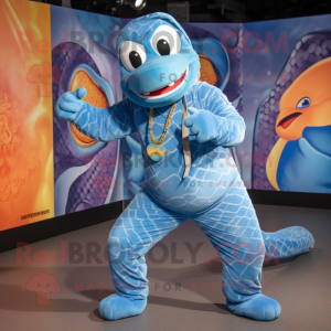 Sky Blue Python mascot costume character dressed with a Jumpsuit and Headbands