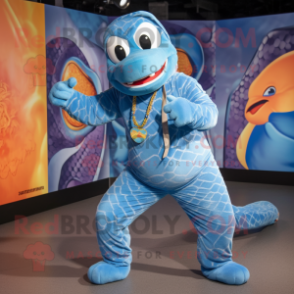 Himmelblå Python maskot drakt figur kledd med en jumpsuit og pannebånd - Python-maskoter - REDBROKO_116037 - RedBrokoly.com