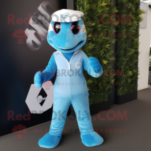 Himmelblå Python maskot drakt figur kledd med en jumpsuit og pannebånd - Python-maskoter - REDBROKO_116039 - RedBrokoly.com