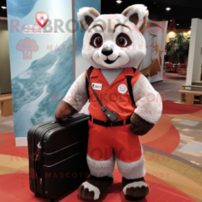 Gray Red Panda mascot costume character dressed with a Rash Guard and Briefcases