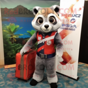 Gray Red Panda mascot costume character dressed with a Rash Guard and Briefcases