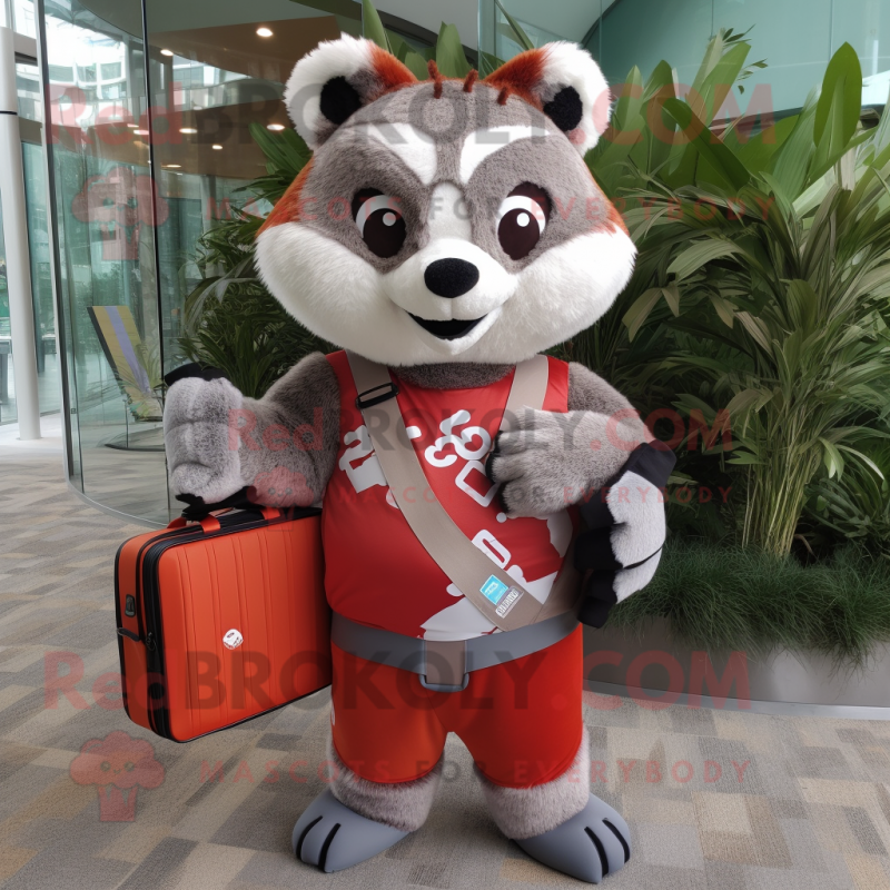 Gray Red Panda mascot costume character dressed with a Rash Guard and Briefcases